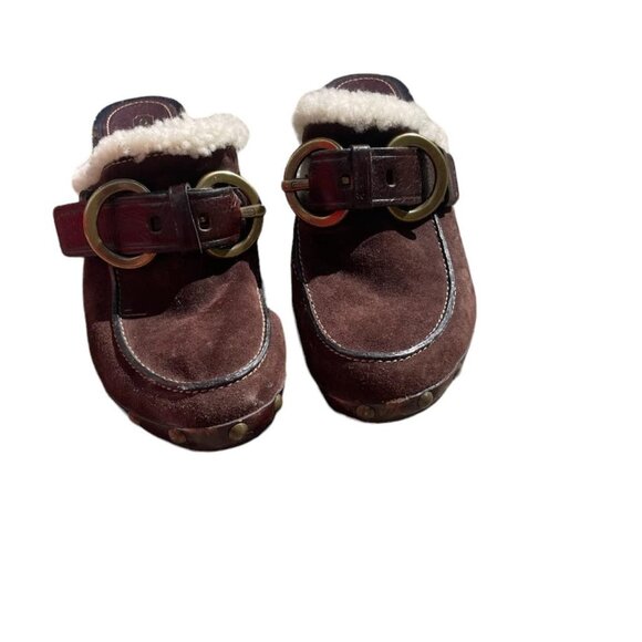 Vintage Coach Wooden Heeled Platform Faux Sherpa Lined Brown Clogs Size 8 - Picture 6 of 7